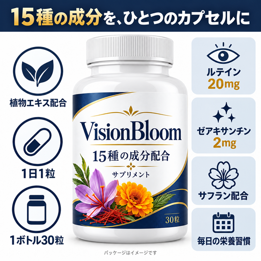 VisionBloom、15種の成分配合。パッケージのデザインイメージ。